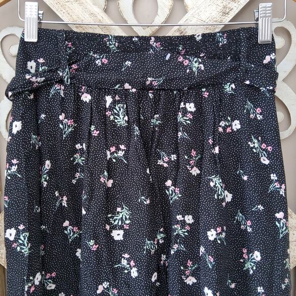 SO Women's Button Front Tie Belted Smocked Waist A-line Midi Skirt Black Floral - Picture 6 of 7